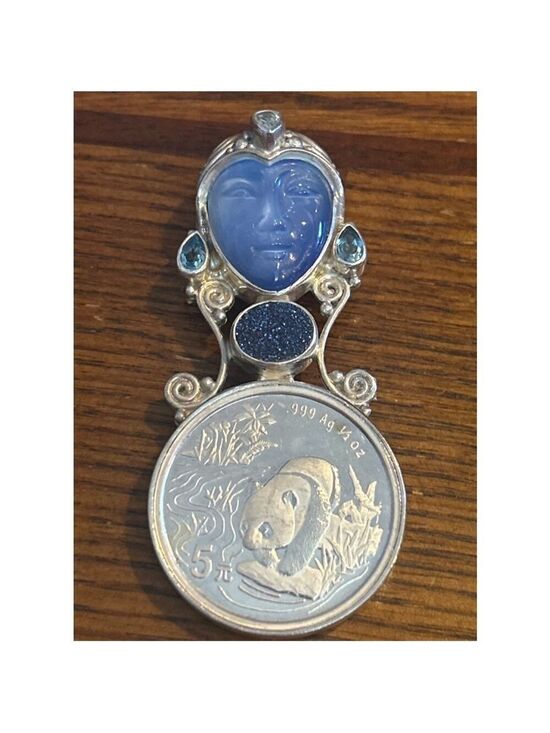 Sajen Jewelry - Women's Sajen Silver & Blue Carved Stone Panda Coin Brooch Pendant One Size